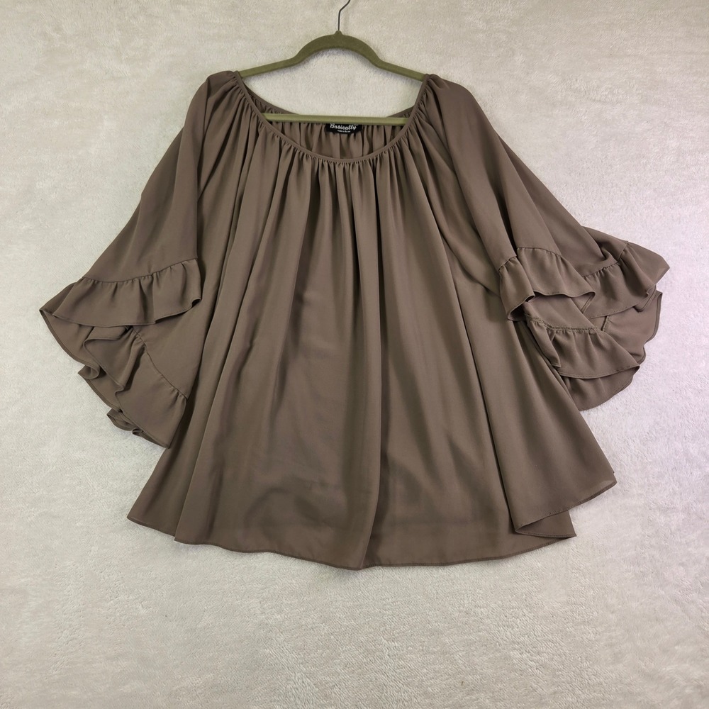 Basically Me Taupe Brown Ruffle Tiered Sleeve Flowy Blouse Top Made in USA